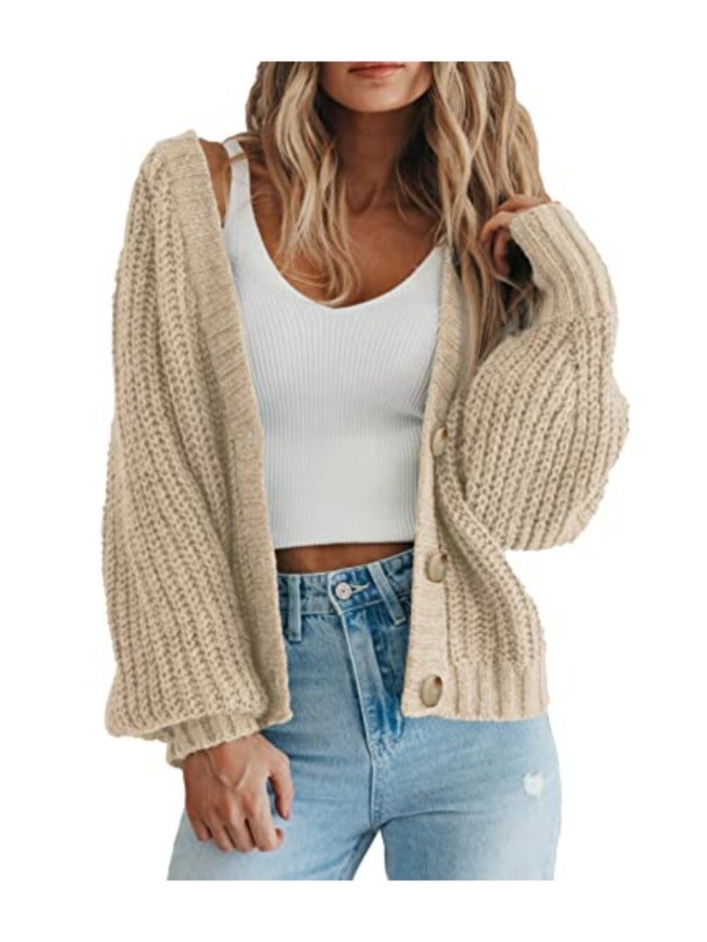 Chunky Knit Open Front Cardigan Long Sleeve Button Loose Short Sweater